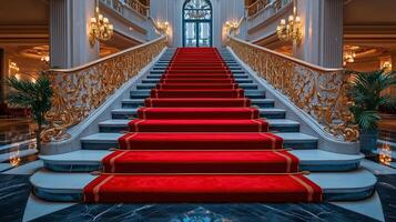 Luxurious Red Carpet on Marble Stairs in an Elegant Setting photo