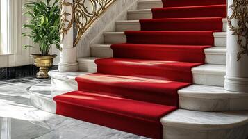 Luxurious Red Carpet on Marble Stairs in an Elegant Setting photo