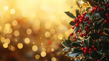 Holly leaves and red berries with golden bokeh background photo