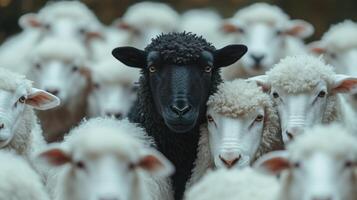 Image of a black sheep standing out among a group of white sheep photo