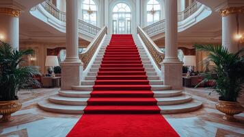 Luxurious Red Carpet on Marble Stairs in an Elegant Setting photo