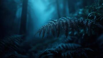 Moody Close-Up of Fern Leaves in a Dark Forest, Deep Green and Blue Tones photo
