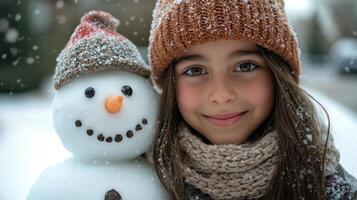 smiling girl with snowman, winter season, Christmas season photo