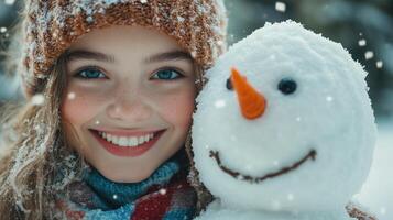 smiling girl with snowman, winter season, Christmas season photo