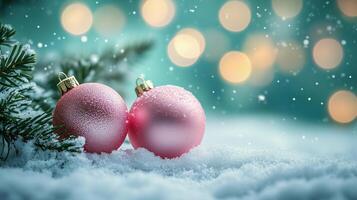 Pink baubles resting in snow with a snow-covered branch and bokeh lights photo