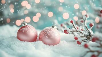 Pink baubles resting in snow with a snow-covered branch and bokeh lights photo