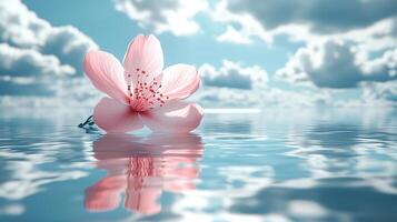 Surreal 3D Blossom Floating in Cloudy Sky Reflection photo