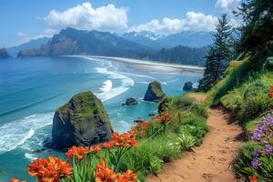Scenic Coastal Pathway with Vibrant Flowers and Majestic Ocean Views photo