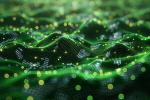 Digital Green Matrix Landscape with Glowing Particles for Technology and Data Visuals photo