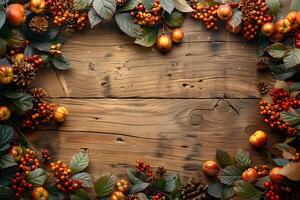 Autumn Harvest Frame with Apples and Berries on Rustic Wooden Background photo