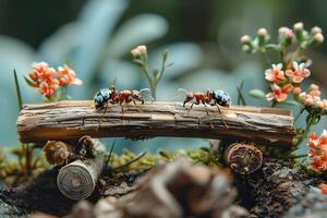 Nature's Bridge Two Ants on a Wooden Pathway Amidst Blooming Spring Flowers photo