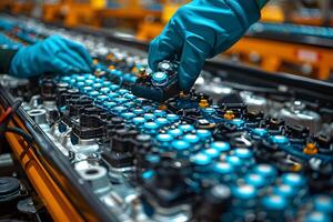 Industrial Assembly Line with Worker Handling Battery Components for Clean Energy Production photo