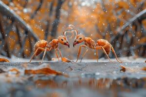 Two Ants Facing Off in Autumn Forest with Soft Light and Falling Snowflakes photo
