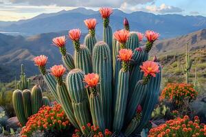 Spring Blooming Cacti and Vibrant Desert Landscape in Mountain Valley photo