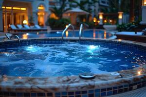 Luxurious Spa Jacuzzi at Night with Glowing Lights in a Tropical Resort photo