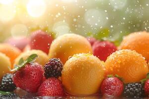Fresh Summer Fruits with Dew Drops - Vibrant Strawberries, Oranges, and Berries photo