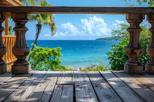Relaxing Tropical Ocean View from Wooden Deck with Palm Trees photo