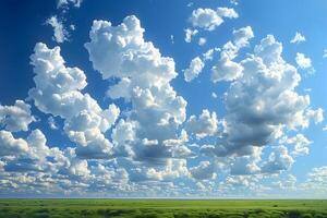 Majestic Clouds in a Clear Blue Sky Over a Vast Green Field photo