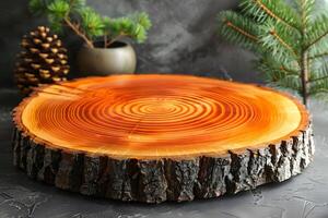 Natural Wooden Tree Ring Slice with Pinecones and Greenery for Rustic Decor and Nature-Themed Designs photo