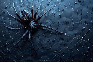 Macro View of Spider on Dew-Kissed Web in Dark Moody Setting for Nature and Wildlife Photography photo