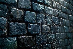 Moody Cobblestone Wall with Intricate Spider Web for Dramatic Background Design photo