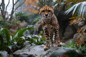 Cheetah in Rainforest Setting with Lush Vegetation for Wildlife Conservation Themes photo