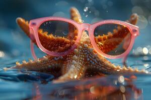Starfish with Pink Sunglasses on Ocean Surface - Summer Fun Concept photo
