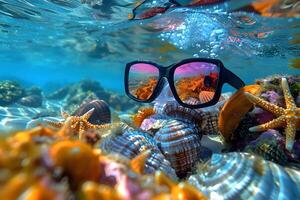 Tropical Underwater Scene with Starfish and Sunglasses Reflections photo