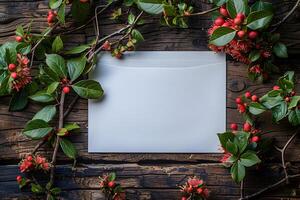 Rustic Blank White Card with Vibrant Red Berries and Greenery on Weathered Wooden Background photo