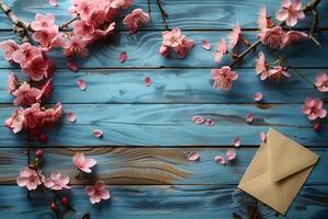 Springtime Sakura Blossoms and Envelope on Rustic Blue Wooden Background for Greeting Cards photo