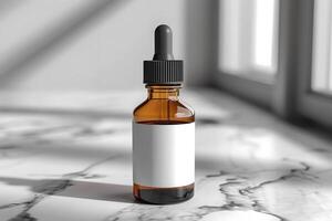 Minimalist Amber Glass Dropper Bottle on Marble Surface for Branding and Design photo