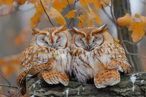 Cozy Autumn Owls Resting Amidst Colorful Fall Foliage for Nature-Themed Design photo