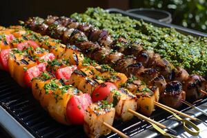 Grilled Vegetable and Meat Skewers with Fresh Herbs for Summer BBQ photo