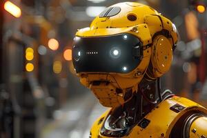 Futuristic Yellow AI Robot with Headset in Industrial Setting for Technology Concepts photo
