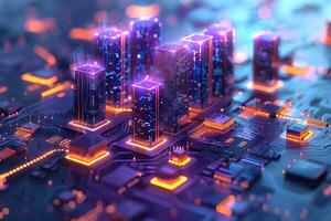 Futuristic Cityscape on Circuit Board - Tech Innovation and Digital Architecture Design photo