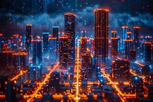 Futuristic Cyberpunk Cityscape with Neon Lights for Digital Design and Tech Projects photo