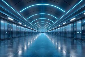 Futuristic Data Center Tunnel with Neon Blue Lighting for Technology Design photo