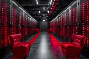 High-Tech Data Center Server Room with Red Lit Racks and Modern Design photo