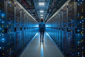 Modern Data Center with Server Racks and Technician in Blue Light photo