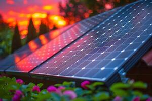 Solar Energy Concept at Sunset with Vibrant Skies and Greenery for Sustainable Designs photo
