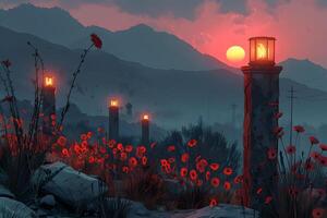 Serene Sunset and Lanterns Amidst Mountain Poppies photo