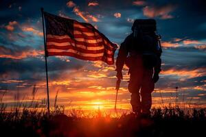 Patriotic Hiker Watching Sunrise with American Flag in Nature photo