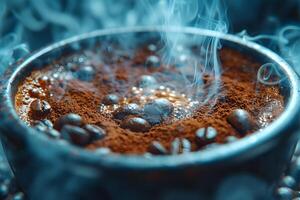 Steaming Hot Coffee with Ground Beans and Aromatic Spice Elements photo