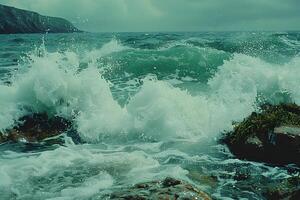 Dramatic Ocean Waves Crashing on Rocky Coastline for Nature and Travel Design photo