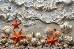 Coastal Seashell Display with Starfish on Sandy Beach for Summer Decor or Seaside Theme photo