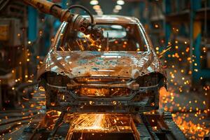 Automated Manufacturing Process in Automotive Factory with Robotics and Welding Technology photo
