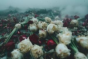 Ethereal Landscape of Wilted Roses and Weathered Terrain for Surreal Art and Design photo