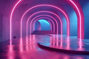 Futuristic Neon Tunnel with Arched Ceilings and Reflective Floor - Perfect for Digital Design Projects photo