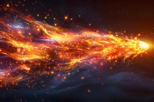 Fiery Comet in Space with Vibrant Orange and Red Particle Trail Cosmic Phenomenon photo