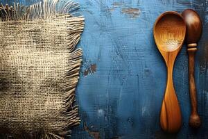 Rustic Kitchen Scene with Wooden Spoons and Burlap on Weathered Blue Background for Culinary Design photo